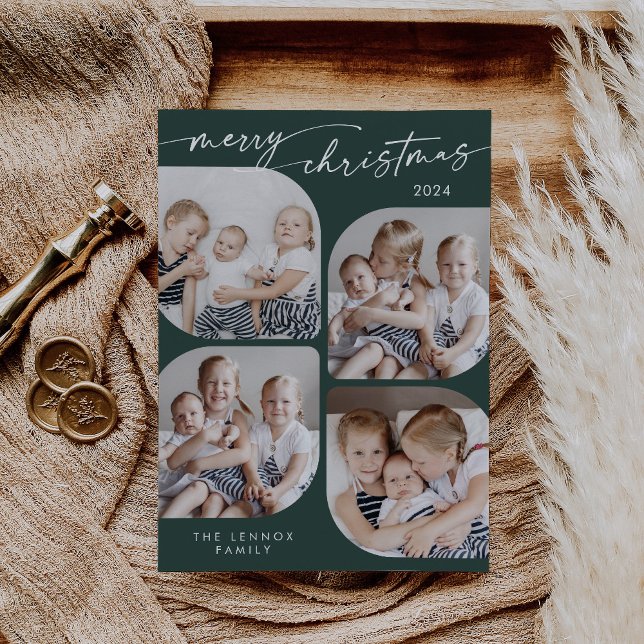 Tarjeta Festiva Boho Moda Dark Green Family Navidades multifoto (Subido por el creador)