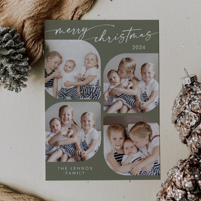 Tarjeta Festiva Boho Moda Olive Green Family Multi Photo Navidades (Subido por el creador)