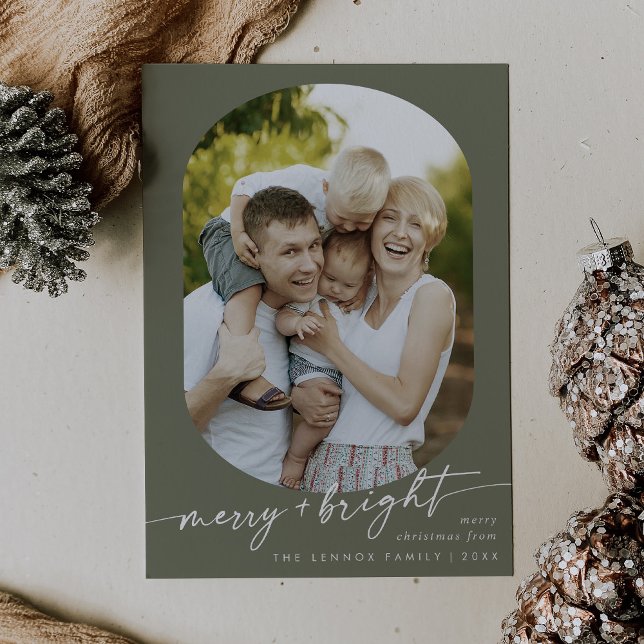 Tarjeta Festiva Boho Moda Olive Green Merry Bright Photo Navidades (Subido por el creador)