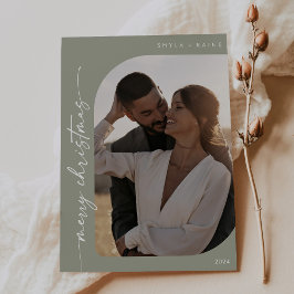 Tarjeta Festiva Boho Moda Sage Green Photo Simple Merry Christmas