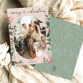 Tarjeta Festiva Boho Pink Green Oval Foto Merry Christmas Card