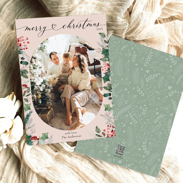 Tarjeta Festiva Boho Pink Green Oval Foto Merry Christmas Card (Subido por el creador)