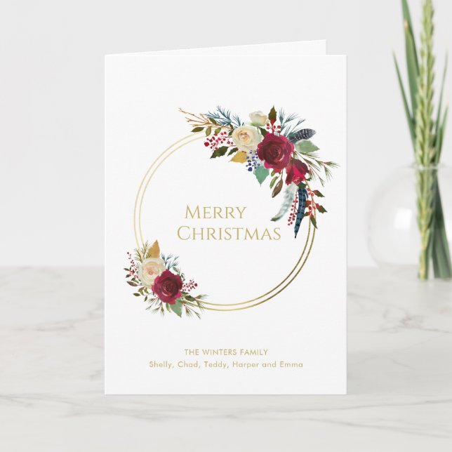 Tarjeta Festiva Boho Red Floral Gold Geométricos Navidades moderno (Anverso)