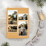 Tarjeta Festiva Boho retro oro Minimalista cuatro Collages de foto<br><div class="desc">Este Minimalista Boho Gold Retro diseño de la tarjeta de vacaciones de cuatro Collages de fotos presenta un suave y cálido fondo de oro de mostaza muda con un elegante emparejamiento de tipografía simple y delicado guión que ofrece los saludos de la temporada de "Feliz Navidad". Este encantador estilo minimalista...</div>