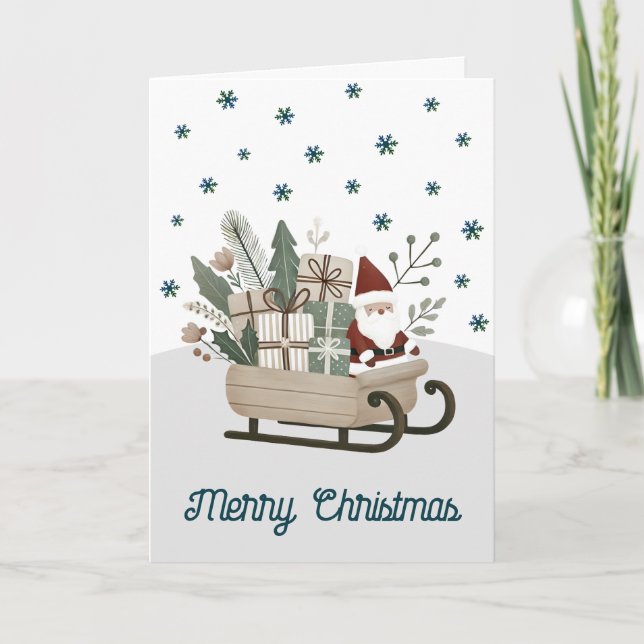 Tarjeta Festiva Boho Santa en Sleigh con regalos Copos de nieve (Anverso)