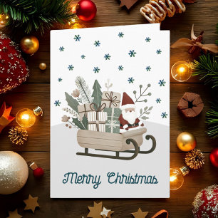 Tarjeta Festiva Boho Santa en Trineo con Regalos Copos de Nieve