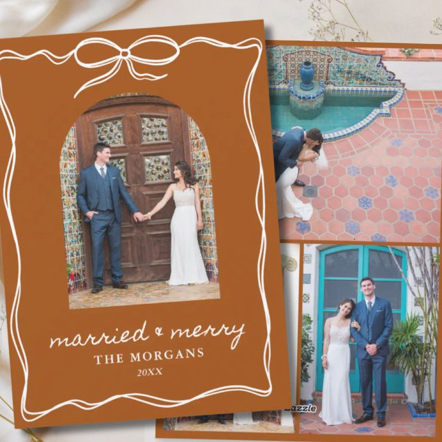 Tarjeta Festiva Boho Terracotta Rustic Married & Merry 4 Photo (Boho Terracotta Rustic Married & Merry 4 Photo Holiday Card
)