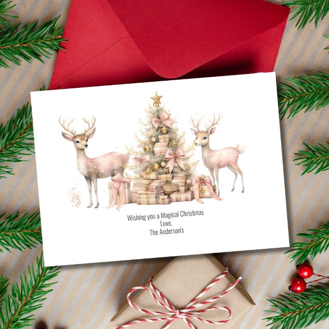 Tarjeta Festiva Boho Vintage Christmas (Pink Christmas Tree Reindeer Personalized Christmas Holiday Card. Printed Digital Instant Download)