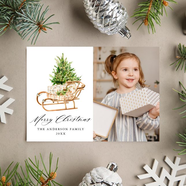 Tarjeta Festiva Boho Watercolor Navidades Sleigh Photo (Subido por el creador)