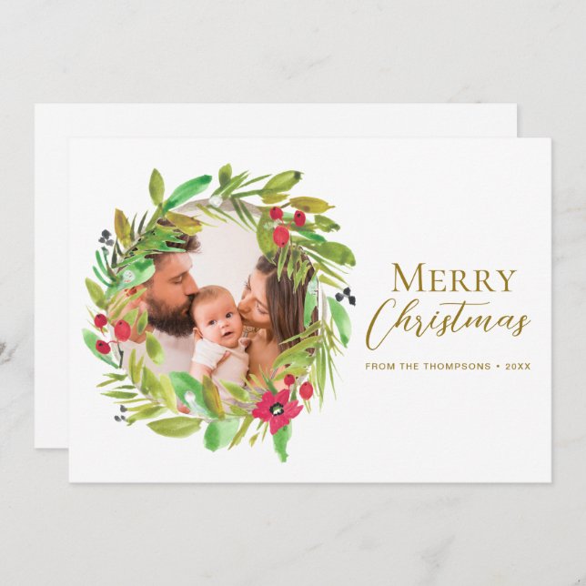 Tarjeta Festiva Boho Whimsical Wreath Merry Christmas Family Photo (Anverso / Reverso)