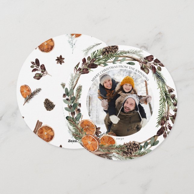Tarjeta Festiva Boho Winter Citrus Round Photo Holiday Card (Anverso / Reverso)