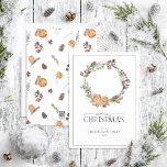 Tarjeta Festiva Boho Winter Citrus Wreath Merry Christmas Script H<br><div class="desc">¿Buscando una hermosa, simple y elegante tarjeta de vacaciones? No busque más y venga al Boho Winter Citrus Wreath Merry Christmas Script Holiday Card! Esta impresionante tarjeta incluye una corona decorada con acuarelas botánicas de cítricos, ramos de pino, anís estrellado y canela, con el mensaje "Feliz Navidad" escrito en un...</div>