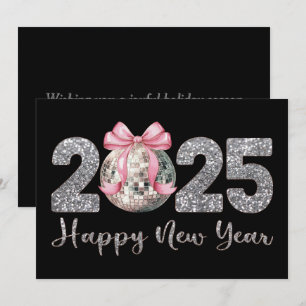 Tarjeta Festiva Bola de discoteca de Año Nuevo Feliz 2025 con lazo