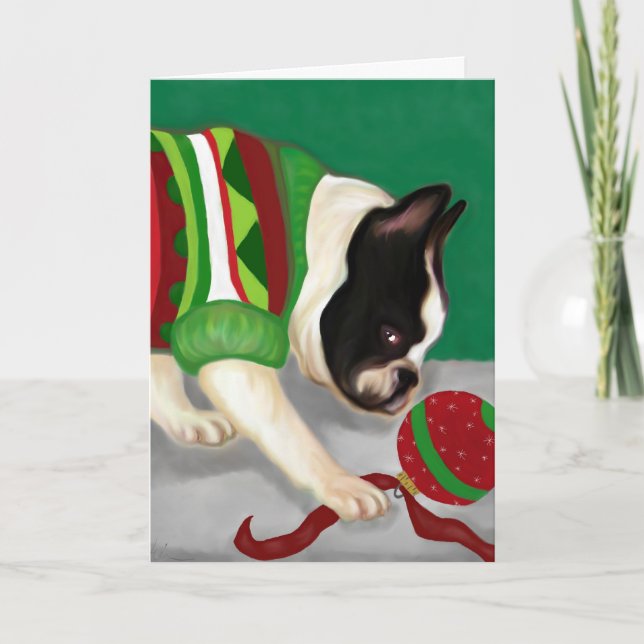 Tarjeta Festiva Bola de feriado al Bulldog francés (Anverso)