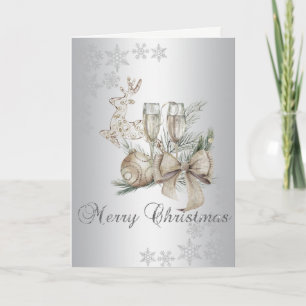 Tarjeta Festiva Bola de Navidad, Copa de Vino, Reno, Lazo Plateado