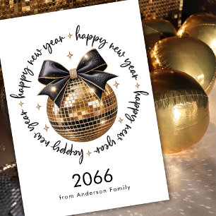 Tarjeta Festiva Bola de Oro Lazo Negro Feliz Año Nuevo 2026 No Fot