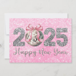 Tarjeta Festiva Bola Disco de Feliz Año Nuevo 2025 con Lazo Rosa