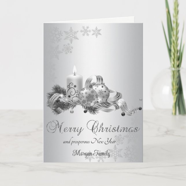Tarjeta Festiva Bolas de Navidad, Arco de Vela Copos de Nieve Plat (Anverso)