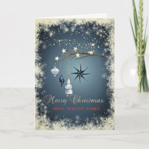 Tarjeta Festiva Bolas de Navidad, rama de árbol, copos de nieve