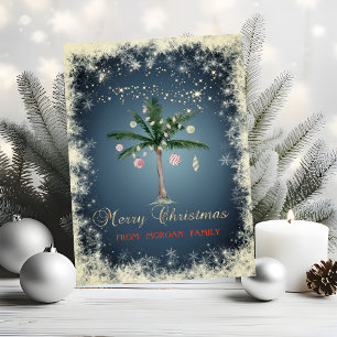 Tarjeta Festiva Bolas de Navidades elegantes, palmera, copos de ni