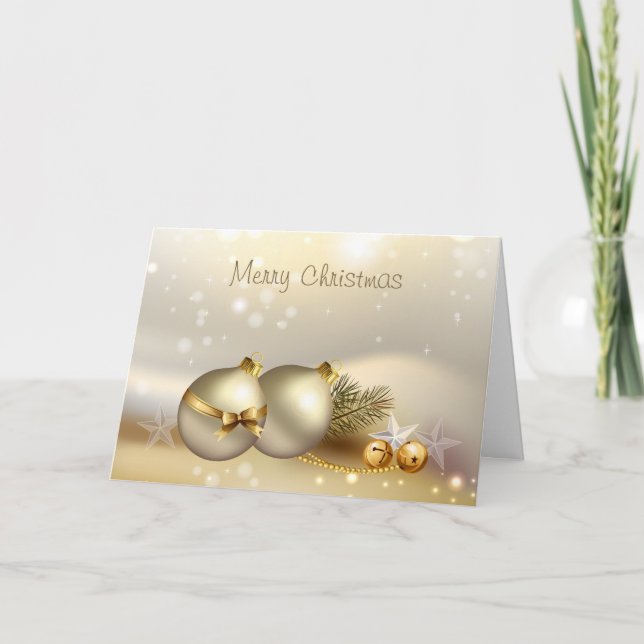 Tarjeta Festiva Bolas de oro, campanas y estrellas (Anverso)