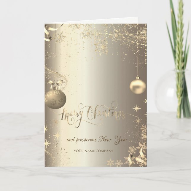 Tarjeta Festiva Bolas de Oro Elegantes Copos de Nieve Estrellas (Anverso)