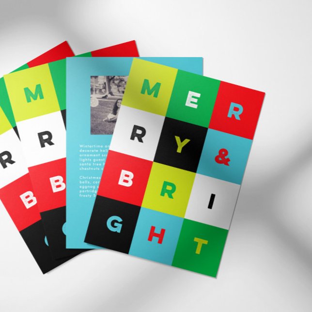 Tarjeta Festiva Bold Aqua Red Green Merry and Bright Christmas (Merry & Bright holiday card with bold colored checks, personalized photo and message text on back)