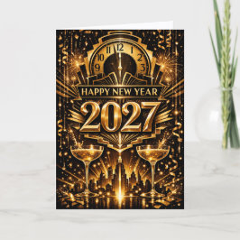 Tarjeta Festiva Bold Gold Art Deco City New Year 2027