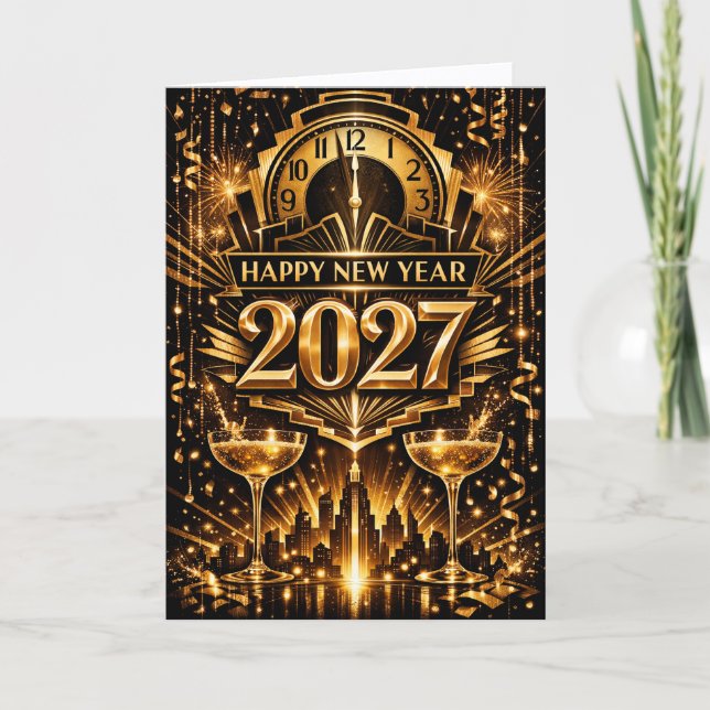 Tarjeta Festiva Bold Gold Art Deco City New Year 2027 (Anverso)