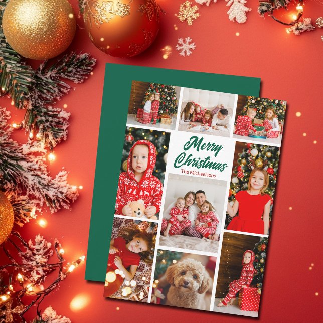 Tarjeta Festiva Bold Green Merry Christmas Photo Collage 2025 (Subido por el creador)