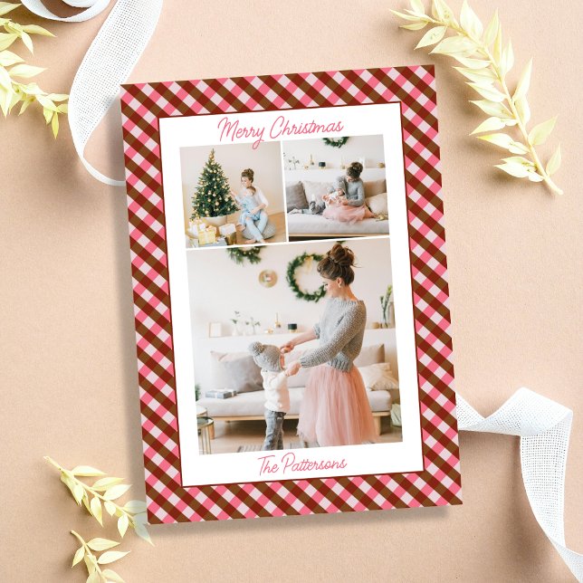 Tarjeta Festiva Bold Pink & Red Gingham Plaid 3 Photo Christmas (Subido por el creador)