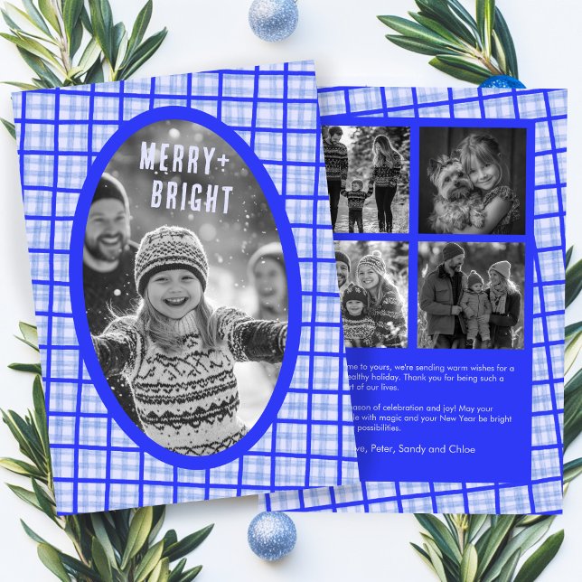 Tarjeta Festiva Bold Plaid Gingham Christmas Custom Photo Collage (Bold Plaid Gingham BLue Christmas Custom Photo Collage Holiday Card
)