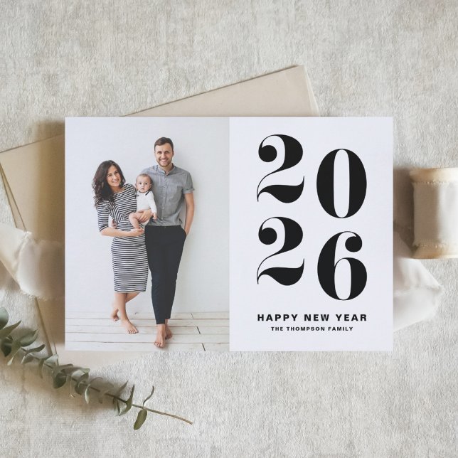 Tarjeta Festiva Bold Typography 2022 Black Happy New Year Photo (Customizable black and white Happy New Year Photo Card featuring 2026 in retro bold typography.)
