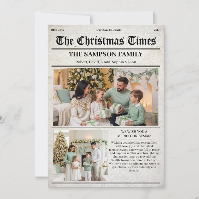 Tarjeta Festiva Boletín fotográfico del periódico navideño Vintage (Anverso)