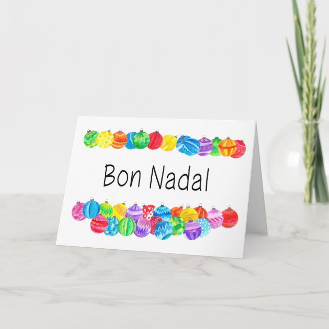 Tarjeta Festiva Bon Nadal Navidades catalanes baubles, acuarela (Anverso)