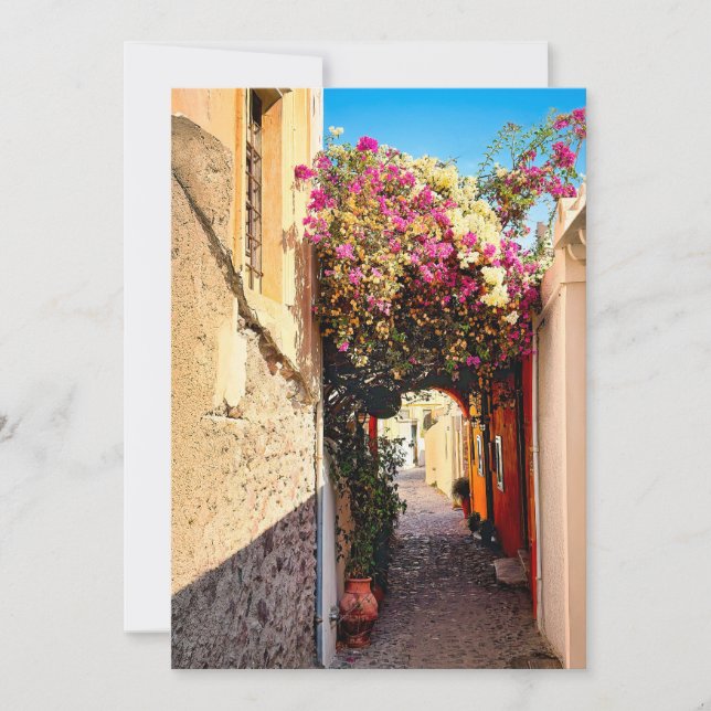 Tarjeta Festiva Bonita alameda en Santorini, Grecia (Anverso)