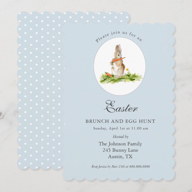 Tarjeta Festiva Bonito azul Bunny Easter brunch & Egg hunsion Holi (Anverso / Reverso)