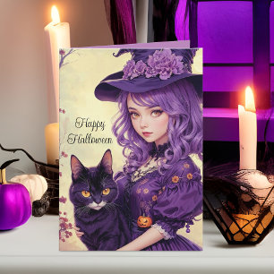 Tarjeta Festiva Bonito Bruja morada de Halloween Vintage de gato n
