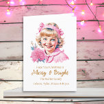 Tarjeta Festiva Bonito Chica Pequeño Vintage | Navidades rosados<br><div class="desc">Navidades bonitos rosas y blancas personalizadas con una niña vintage sonriendo con cintas y flores Navidades de estilo victoriano a la antigua.</div>