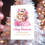 Tarjeta Festiva Bonito Chica Vintage | Navidades rosados personali<br><div class="desc">Navidades bonitos rosas y blancas personalizadas con una niña vintage sonriendo con cintas y flores Navidades de estilo victoriano a la antigua.</div>