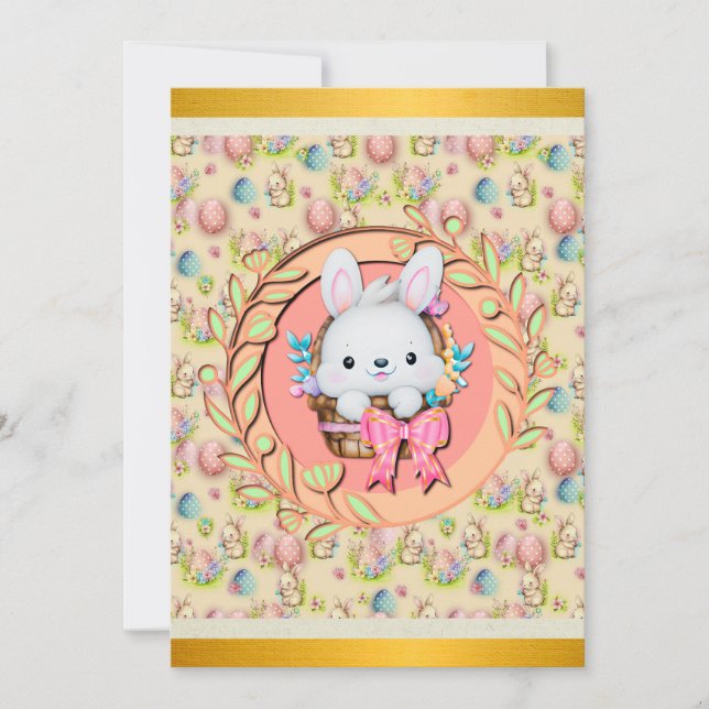 Tarjeta Festiva Bonito conejo de Pascua sentado en la canasta (Anverso)