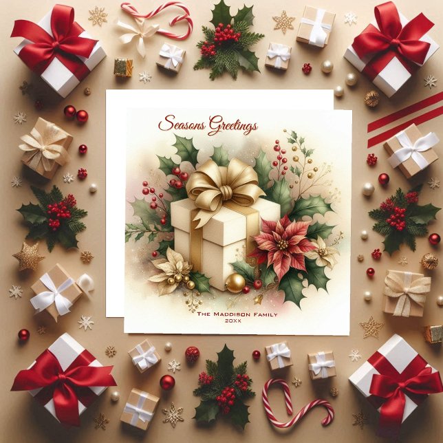 Tarjeta Festiva Bonito Coquette Golden Bow Poinsettia (Subido por el creador)