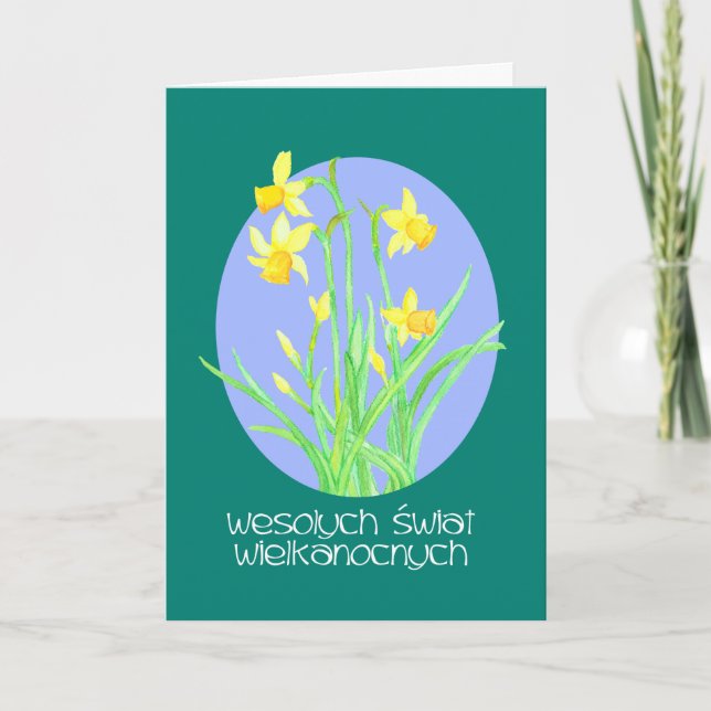 Tarjeta Festiva Bonito Daffodils Pascua en lengua polaca (Anverso)