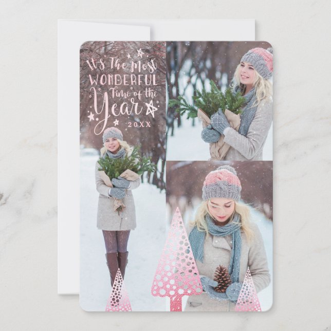 Tarjeta Festiva Bonito de moda Purpurina Rosa Árbol Pino Múltiple  (Anverso)