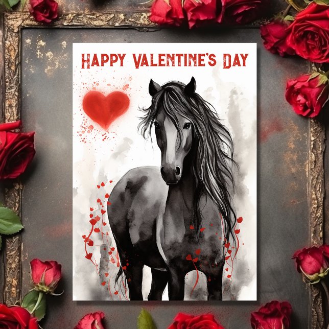 Tarjeta Festiva Bonito El día de San Valentín de Caballo Negro y C (Front - Pretty Black Horse and Hearts Valentine's Day Holiday Card)