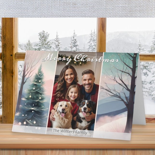 Tarjeta Festiva Bonito Escena De Invierno Elegante Acuarela 1 Foto (A festive card with 'Merry Christmas' greeting and winter scene. Add your own photo and name(s))