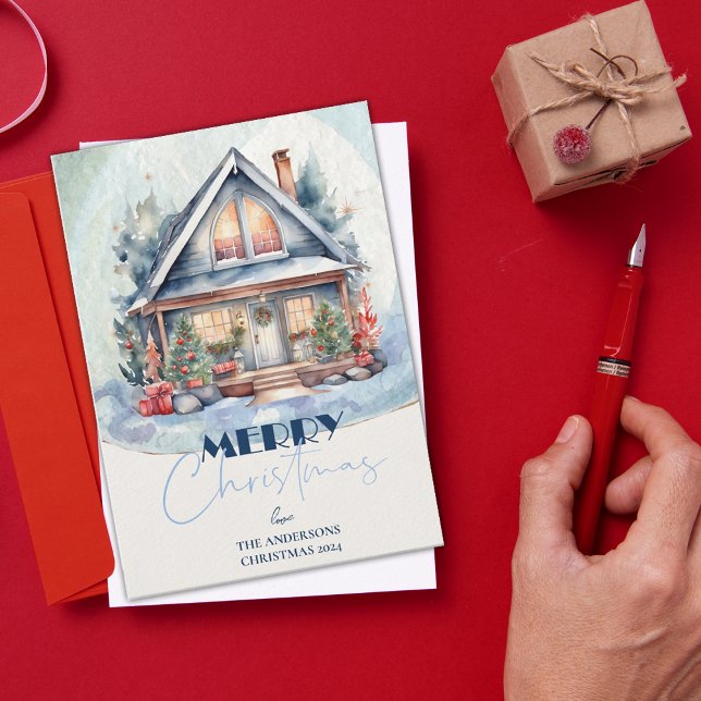 Tarjeta Festiva Bonito Navidades de acuarela (Elegant Minimalist Multi Photo Merry Christmas Holiday Card)