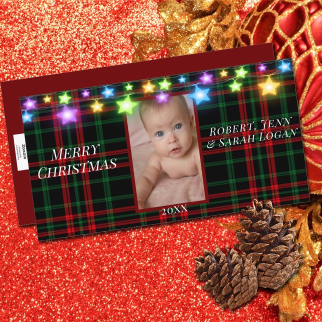 Tarjeta Festiva Bonito Red Green Plaid Star Lights Add Photo (Subido por el creador)
