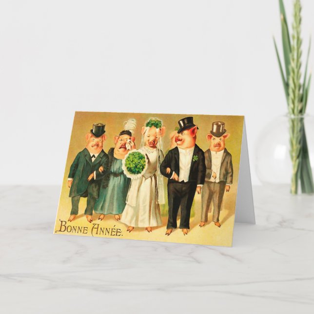Tarjeta Festiva Bonne Année - novia y novio con la familia (Anverso)