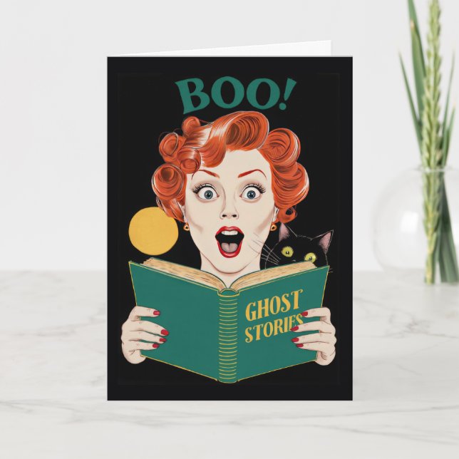 Tarjeta Festiva Boo de Halloween y gato negro de "Book Lover" (Anverso)